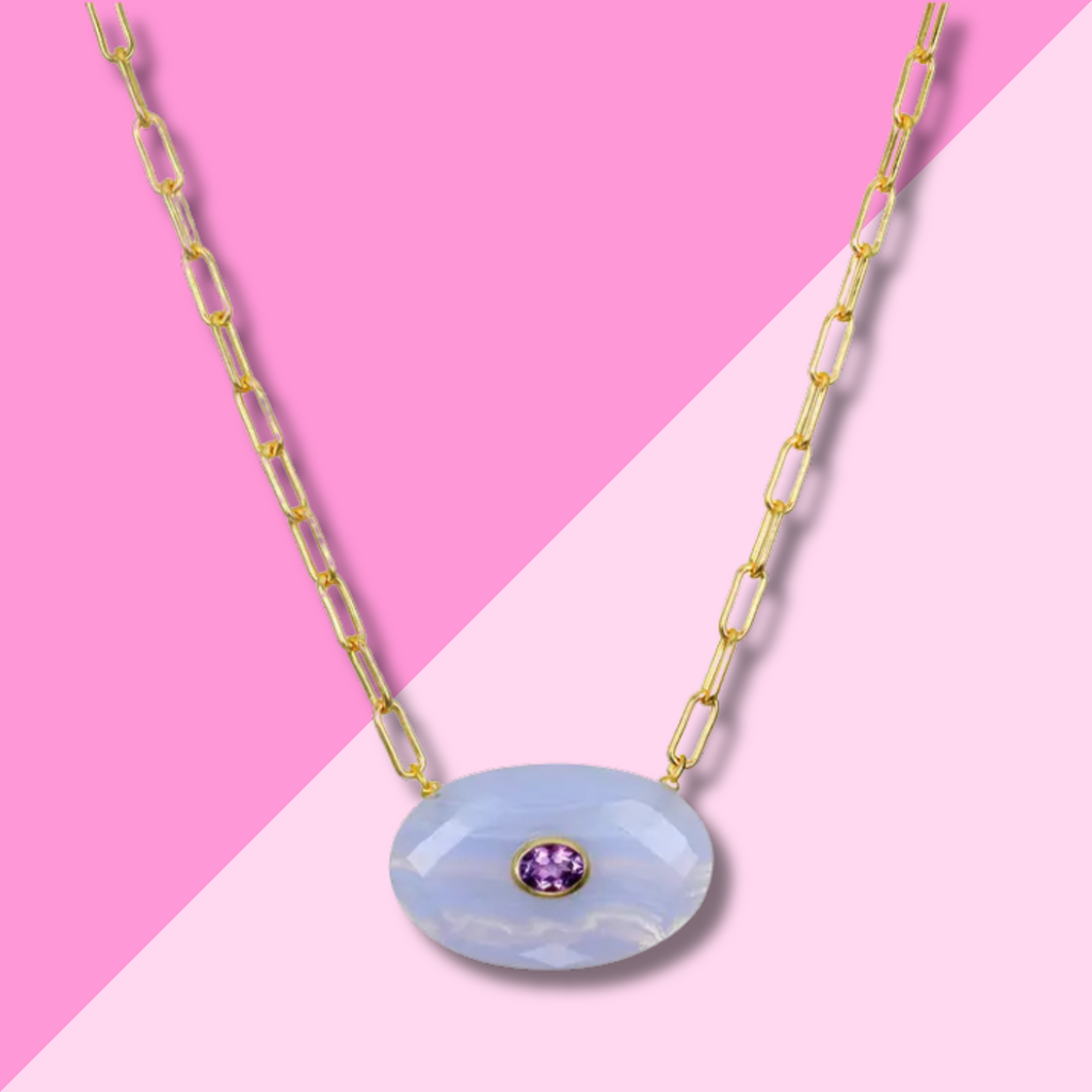 AMELIA ROSE JEWELRY Oval Paperclip Necklace - Lace Agate & Amethyst