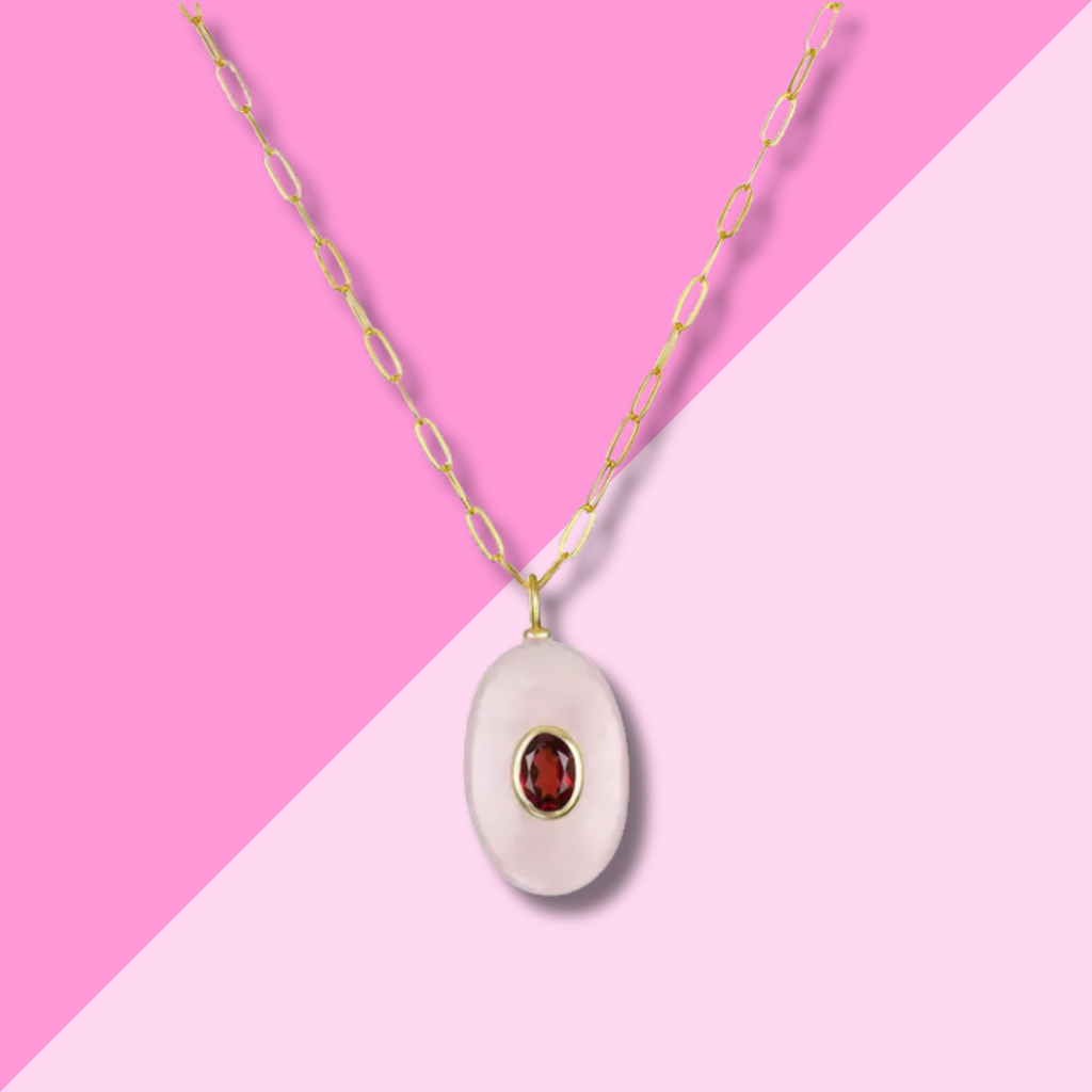 AMELIA ROSE JEWELRY Rose Quartz & Garnet Oval Paperclip Necklace