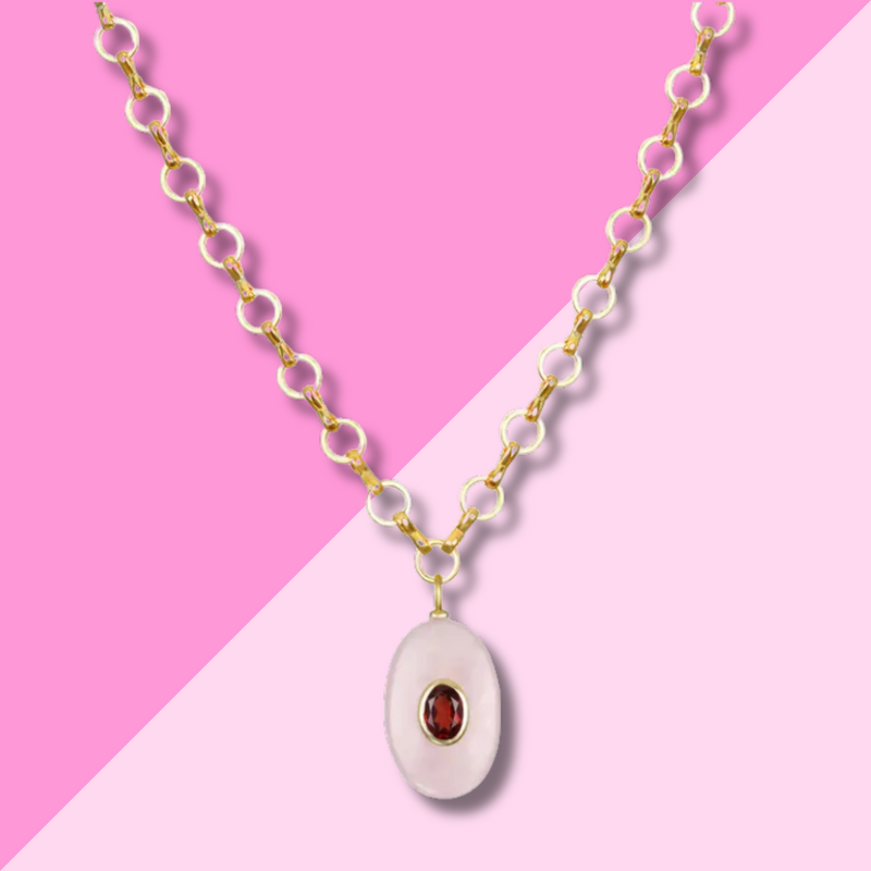 AMELIA ROSE JEWELRY Garnet & Rose Quartz Petite Loop Oval Necklace