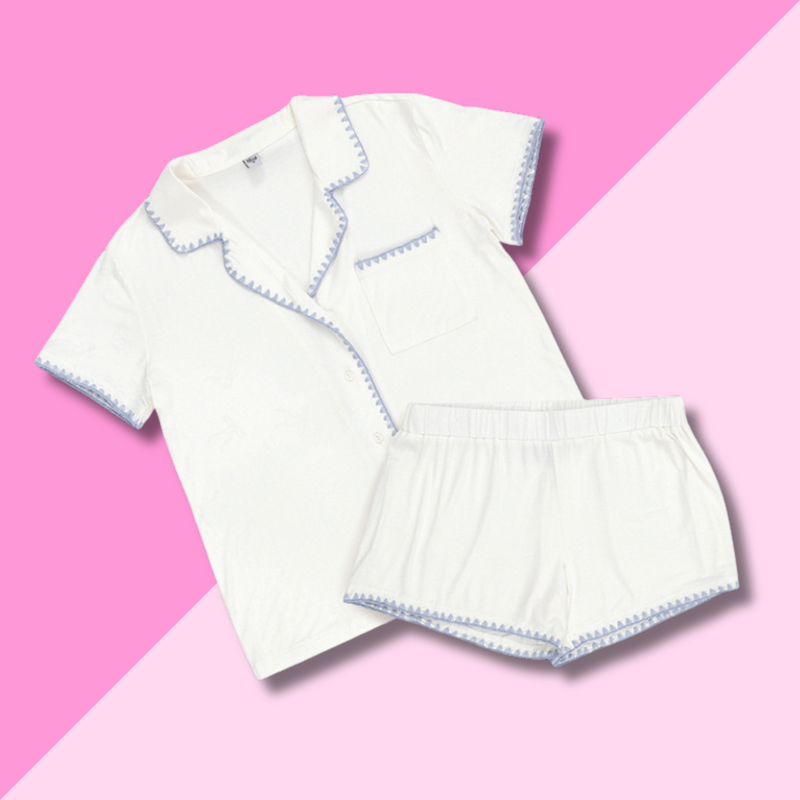 Bella Sleep & Spa White & Blue Bamboo PJ Short Set