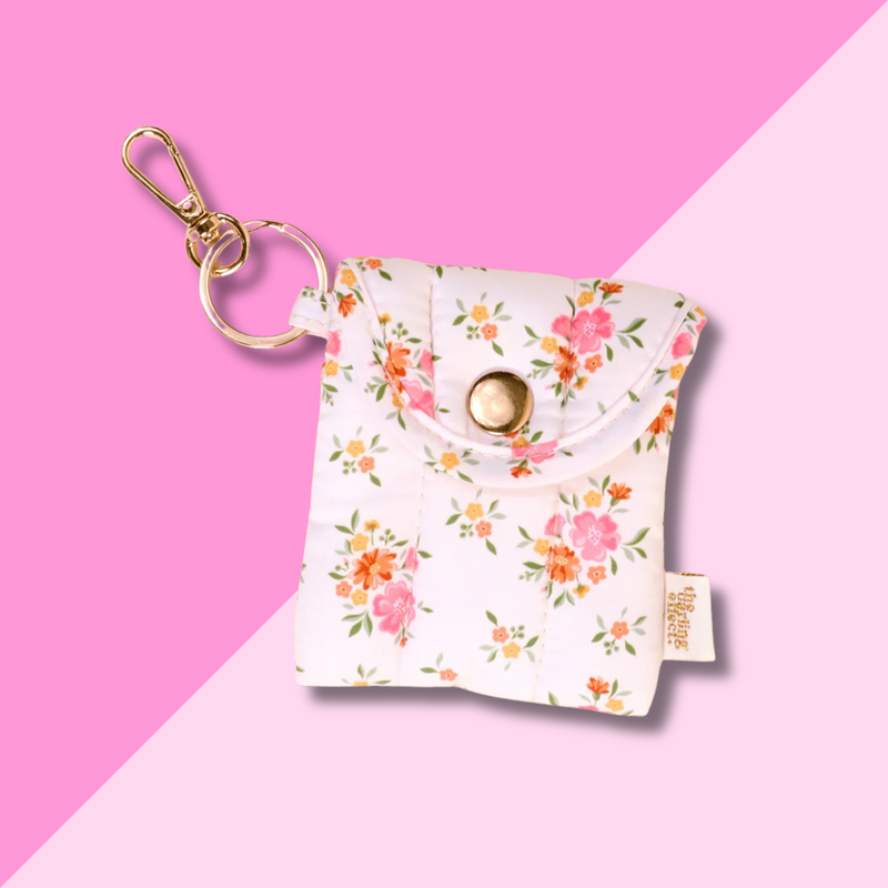 Puffy Earbud Case Keychain - Cream Floral