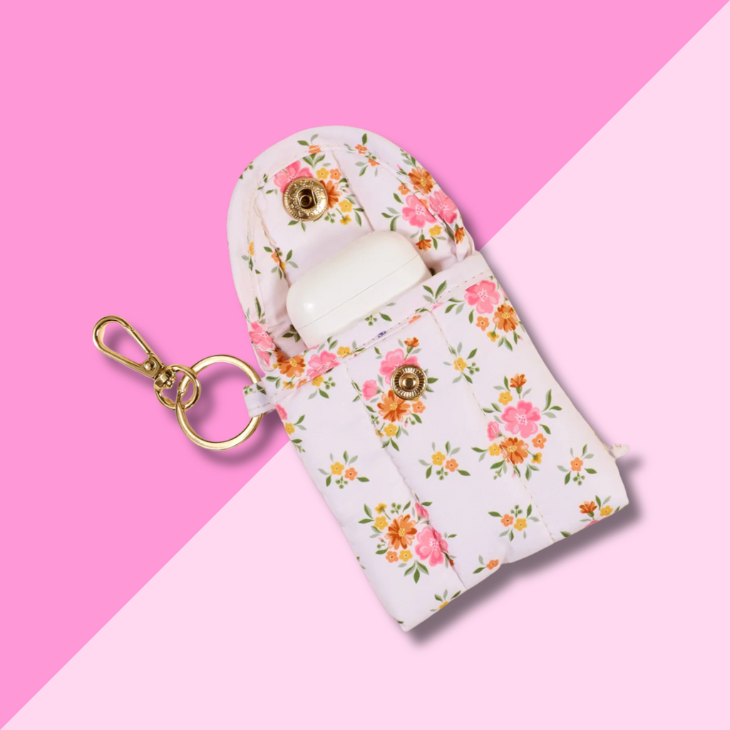 Puffy Earbud Case Keychain - Cream Floral