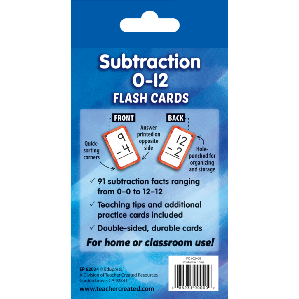 Teacher Created Resources Flash Cards Subtraction 0-12