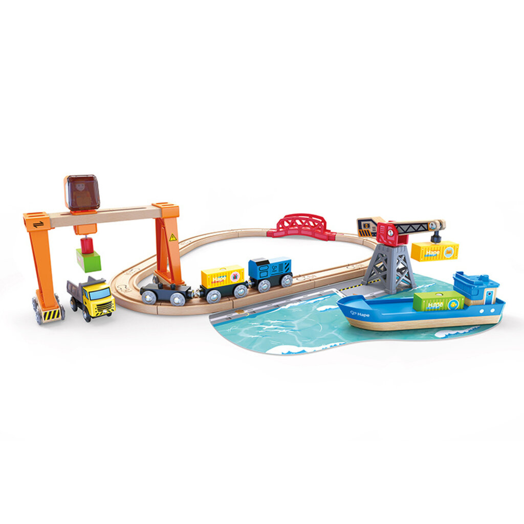 Hape Lift & Load Harbor Toy Set - Wooden Train, Boat & Crane For Kids Ages 3+