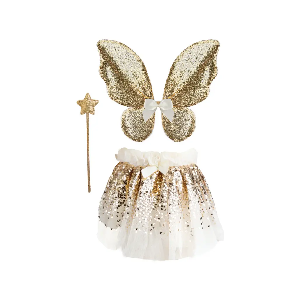 CREATIVE EDUCATION Gracious Gold Sequins Skirt, Wings, & Wand Size 4