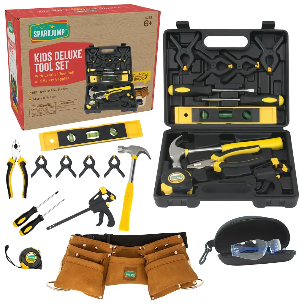 SPARKJUMP Kids Deluxe Tool Set with Leather Tool Belt & Safety Goggles