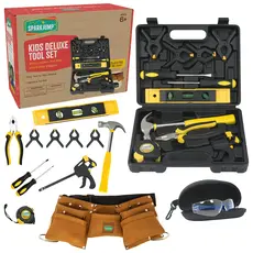 SPARKJUMP Kids Deluxe Tool Set with Leather Tool Belt & Safety Goggles