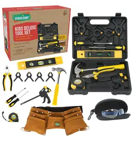 SPARKJUMP Kids Deluxe Tool Set with Leather Tool Belt & Safety Goggles