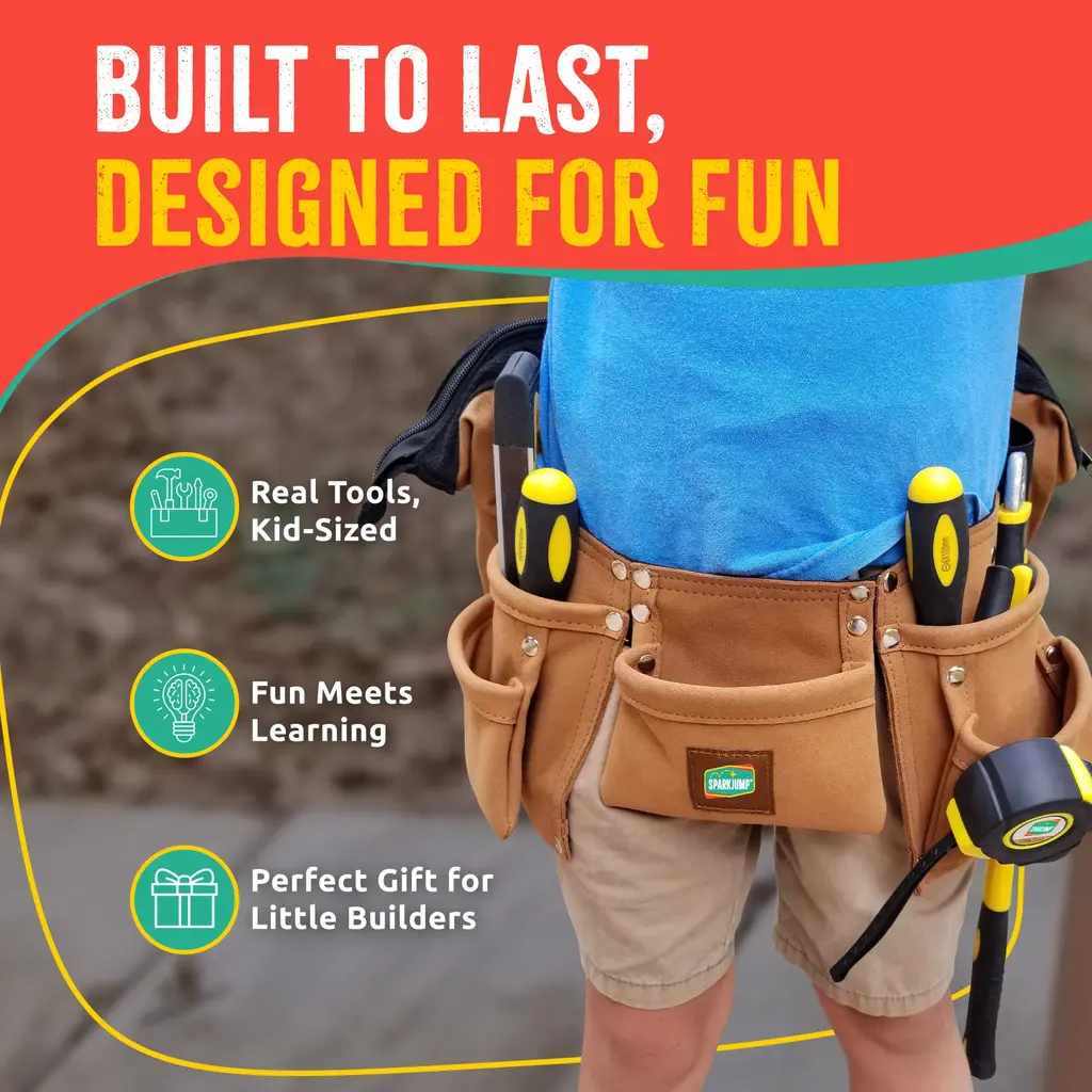 SPARKJUMP Kids Deluxe Tool Set with Leather Tool Belt & Safety Goggles