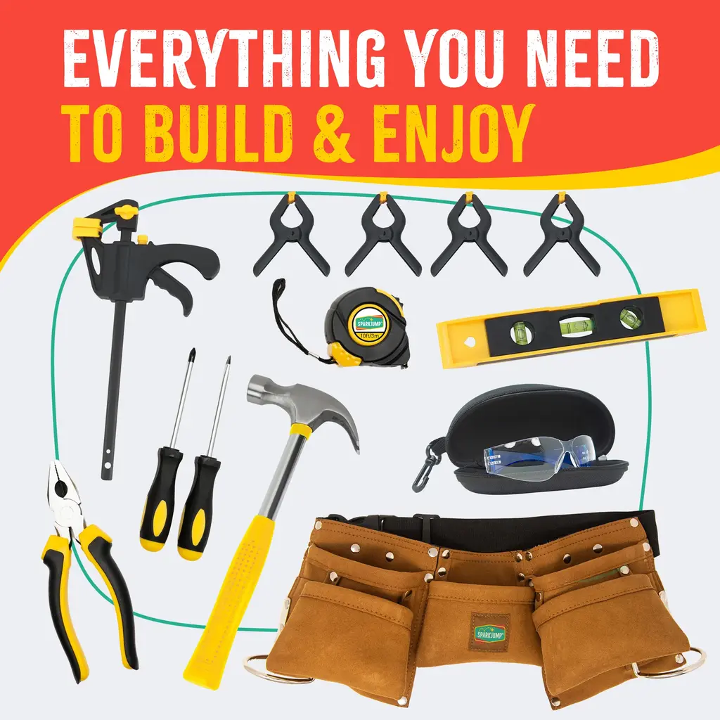 SPARKJUMP Kids Deluxe Tool Set with Leather Tool Belt & Safety Goggles