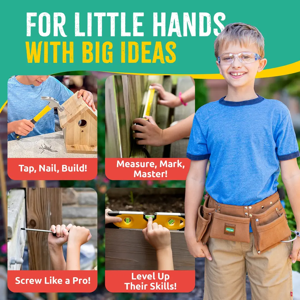 SPARKJUMP Kids Deluxe Tool Set with Leather Tool Belt & Safety Goggles