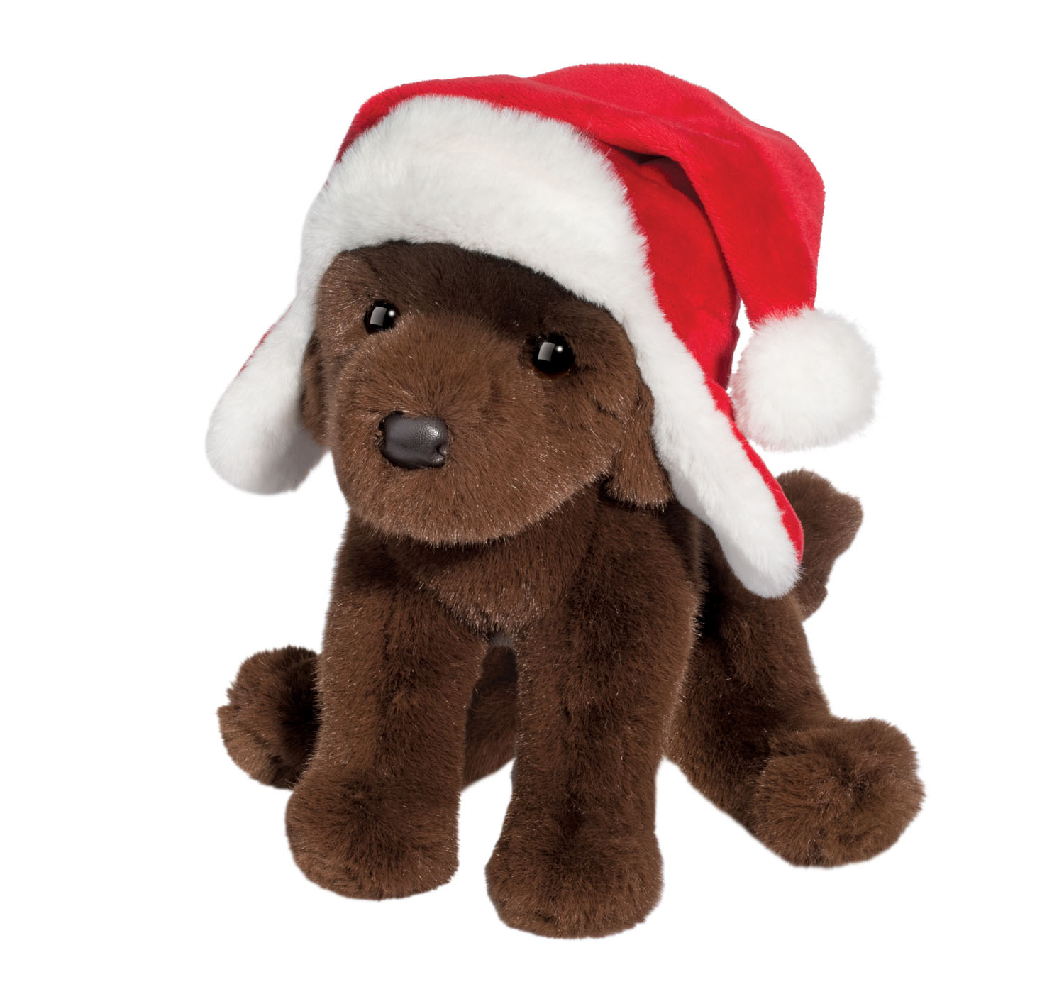 Chocolate Lab with Santa Bomber Hat