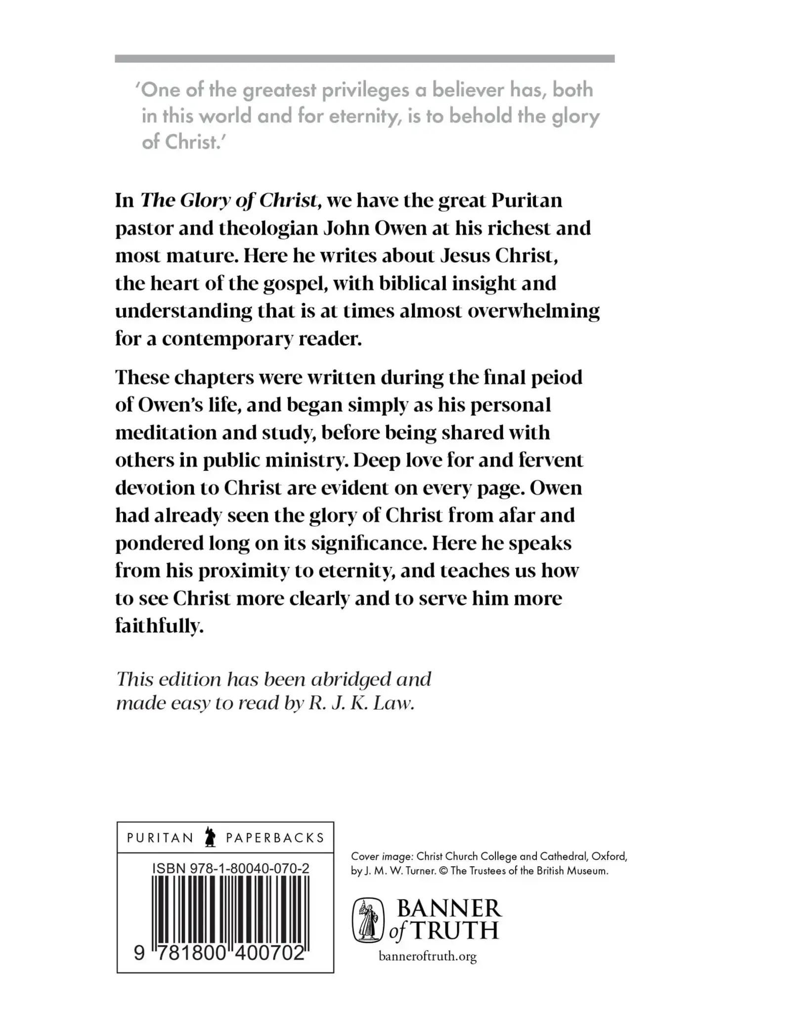 John Owen The Glory of Christ (Puritan Paperbacks)