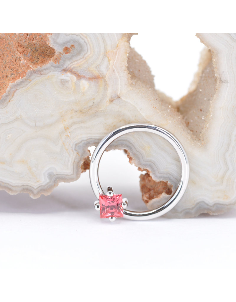 BVLA 16g 7/16" Fixed Prong Seam Ring with 3mm Princess Cut Padparadscha Sapphire in 14k White Gold