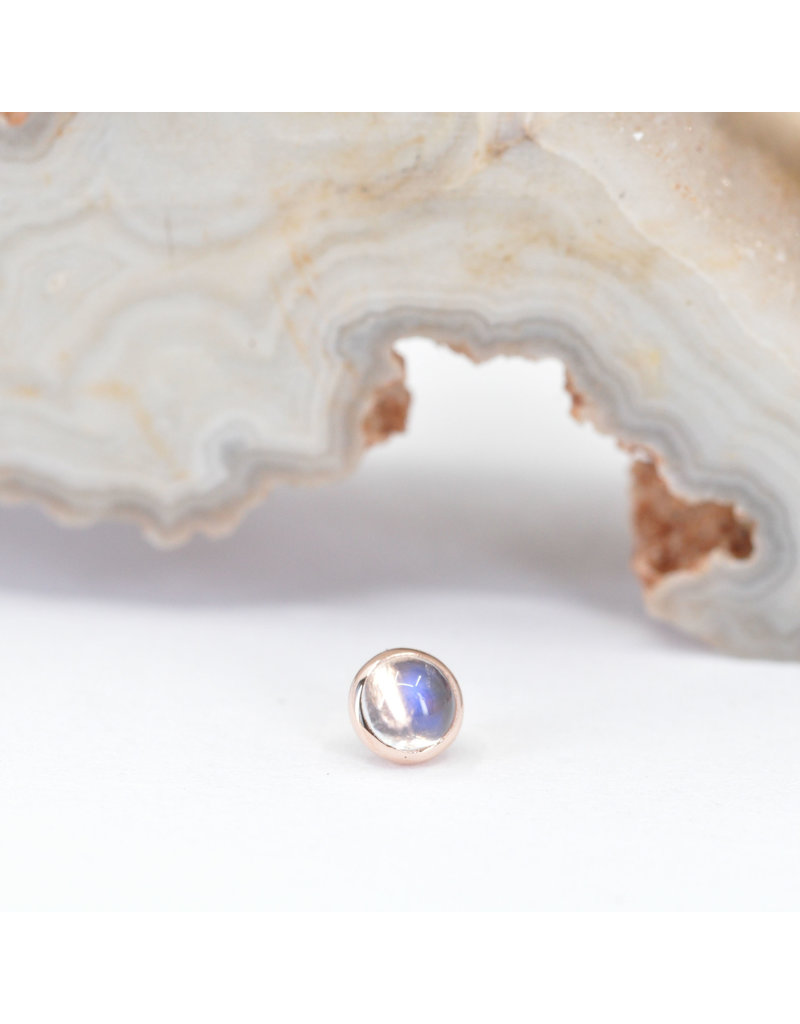 BVLA 3mm Cup with Rainbow Moonstone Cabochon in 14k Rose Gold Threadless Ends