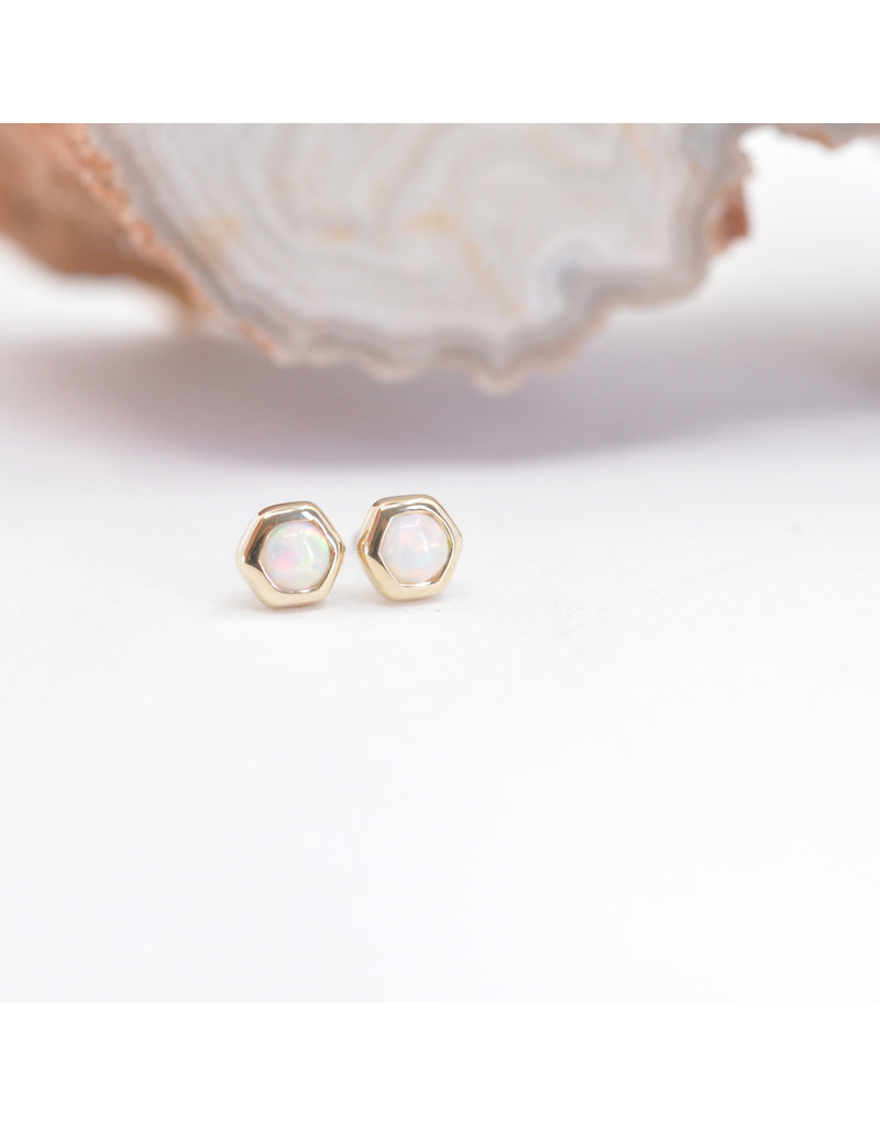 BVLA 3mm Honeycomb with 2mm Synthetic White Opal Cabochon in 14k Yellow Gold Threadless Ends