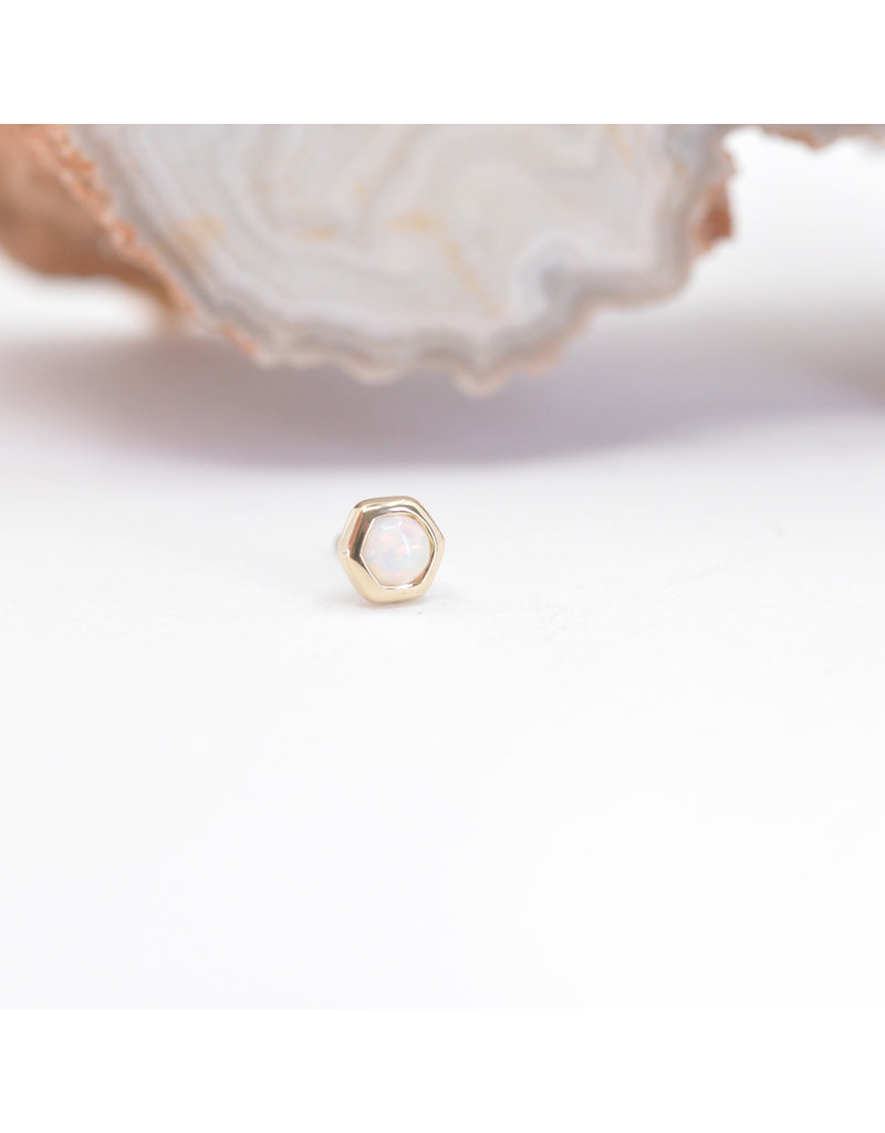 BVLA 3mm Honeycomb with 2mm Synthetic White Opal Cabochon in 14k Yellow Gold Threadless Ends