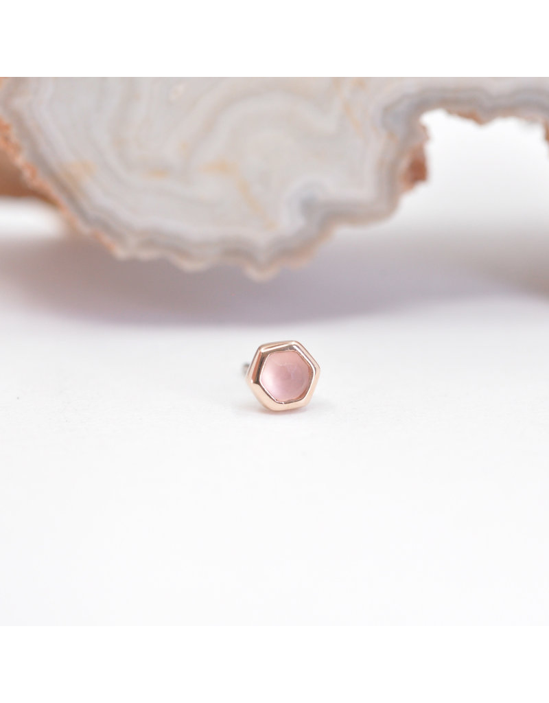 BVLA 3mm Honeycomb with 2mm Rose Cut, Sandblasted Rose Quartz Cabochon in 14k Rose Gold Threadless Ends