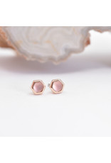BVLA 3mm Honeycomb with 2mm Rose Cut, Sandblasted Rose Quartz Cabochon in 14k Rose Gold Threadless Ends