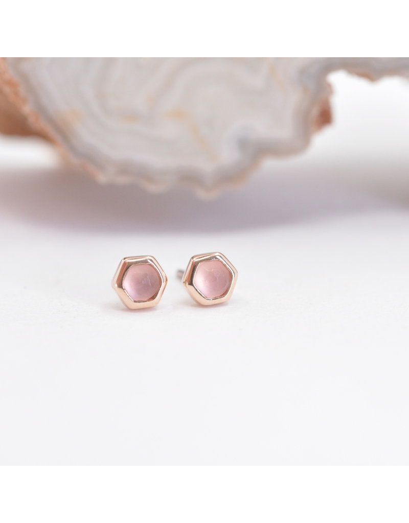 BVLA 3mm Honeycomb with 2mm Rose Cut, Sandblasted Rose Quartz Cabochon in 14k Rose Gold Threadless Ends