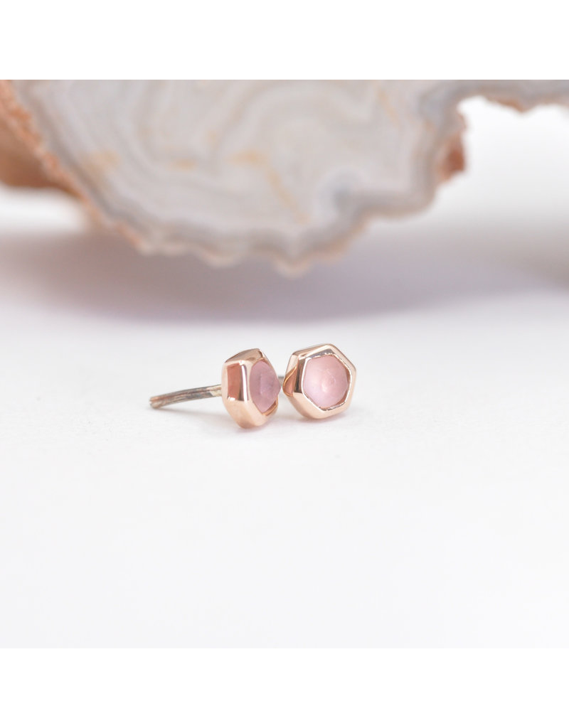 BVLA 3mm Honeycomb with 2mm Rose Cut, Sandblasted Rose Quartz Cabochon in 14k Rose Gold Threadless Ends