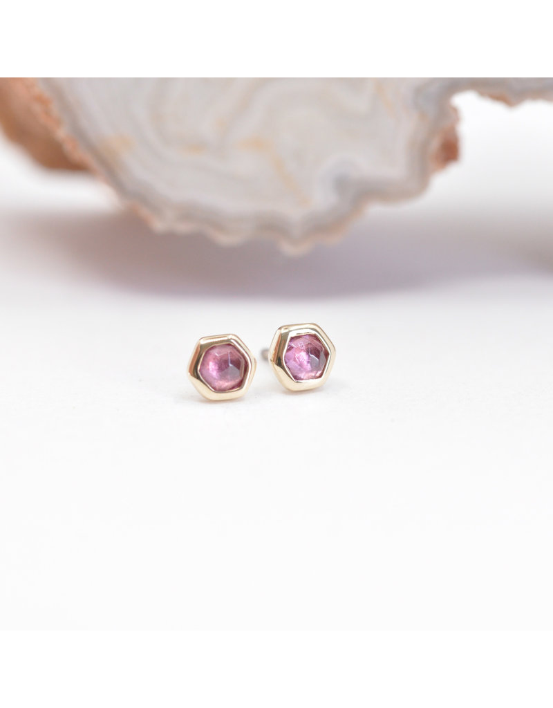 BVLA 3mm Honeycomb with 2mm Rose Cut Grade AA Rhodolite in 14k Yellow Gold Threadless Ends