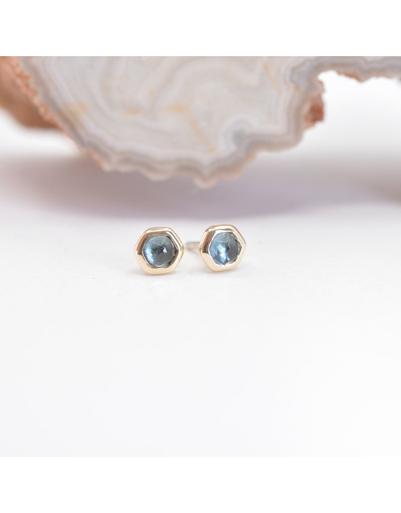 BVLA 3mm Honeycomb with 2mm Rose Cut London Blue Topaz in 14k Yellow Gold Threadless Ends