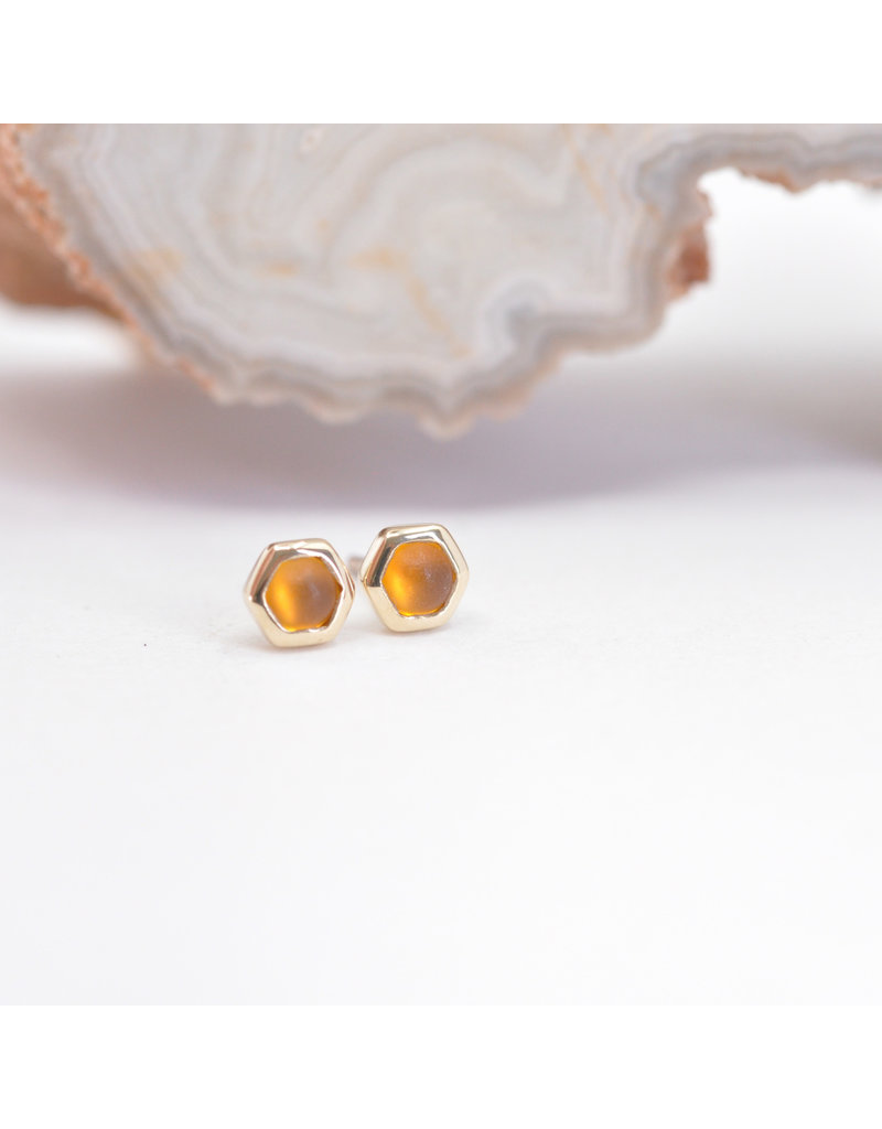 BVLA 3mm Honeycomb with 2mm Sandblasted Citrine Cabochon in 14k Yellow Gold Threadless Ends
