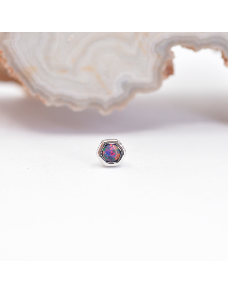 BVLA 3mm Honeycomb with 2mm Synthetic Black Opal Cabochon in 14k White Gold Threadless Ends