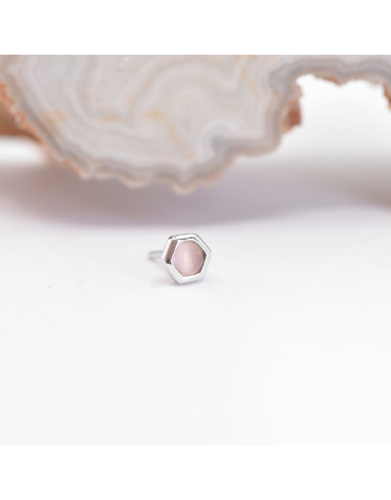 BVLA 3mm Honeycomb with 2mm Rose Cut, Sandblasted Rose Quartz in 14k White Gold Threadless Ends