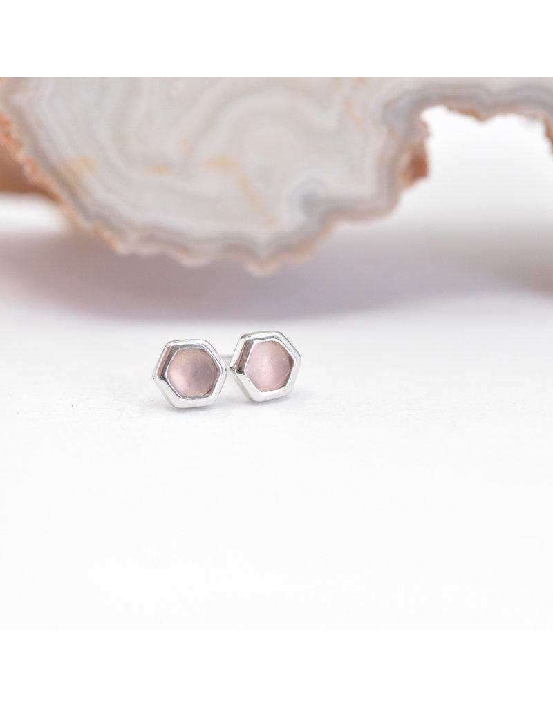 BVLA 3mm Honeycomb with 2mm Rose Cut, Sandblasted Rose Quartz in 14k White Gold Threadless Ends