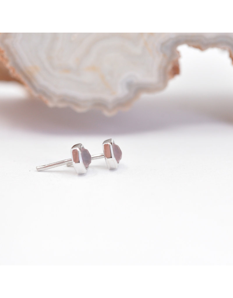 BVLA 3mm Honeycomb with 2mm Rose Cut, Sandblasted Rose Quartz in 14k White Gold Threadless Ends