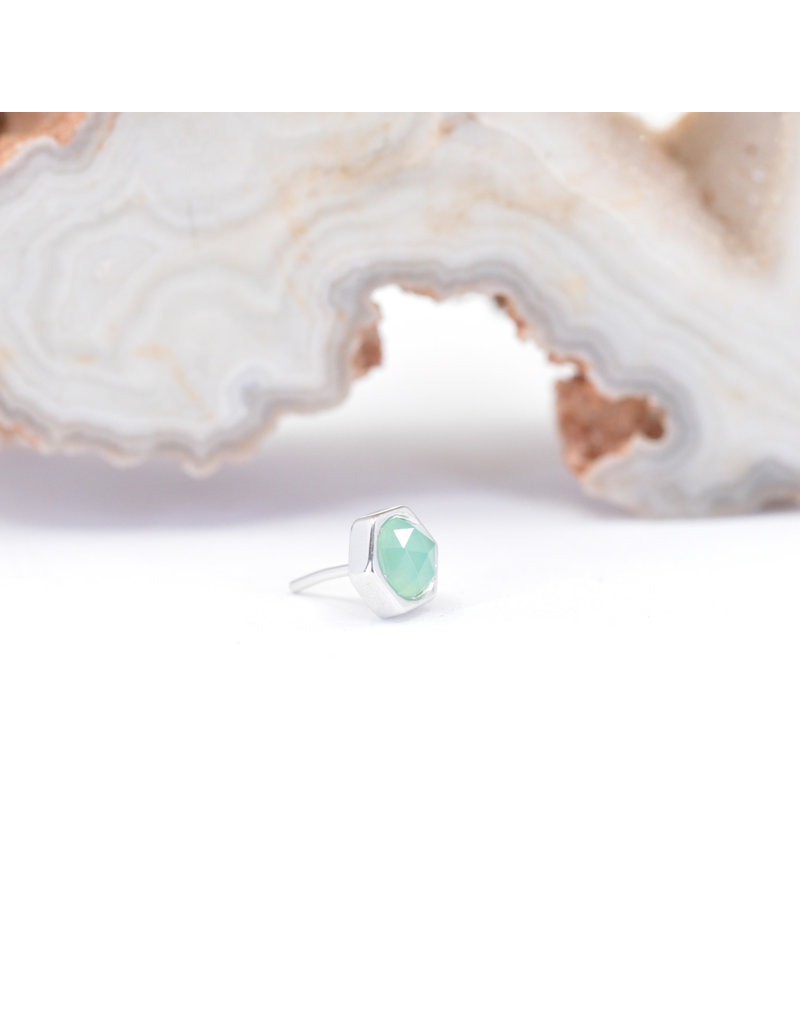 BVLA 4mm Honeycomb with 3mm Rose Cut Chrysoprase in 14k White Gold Threadless Ends