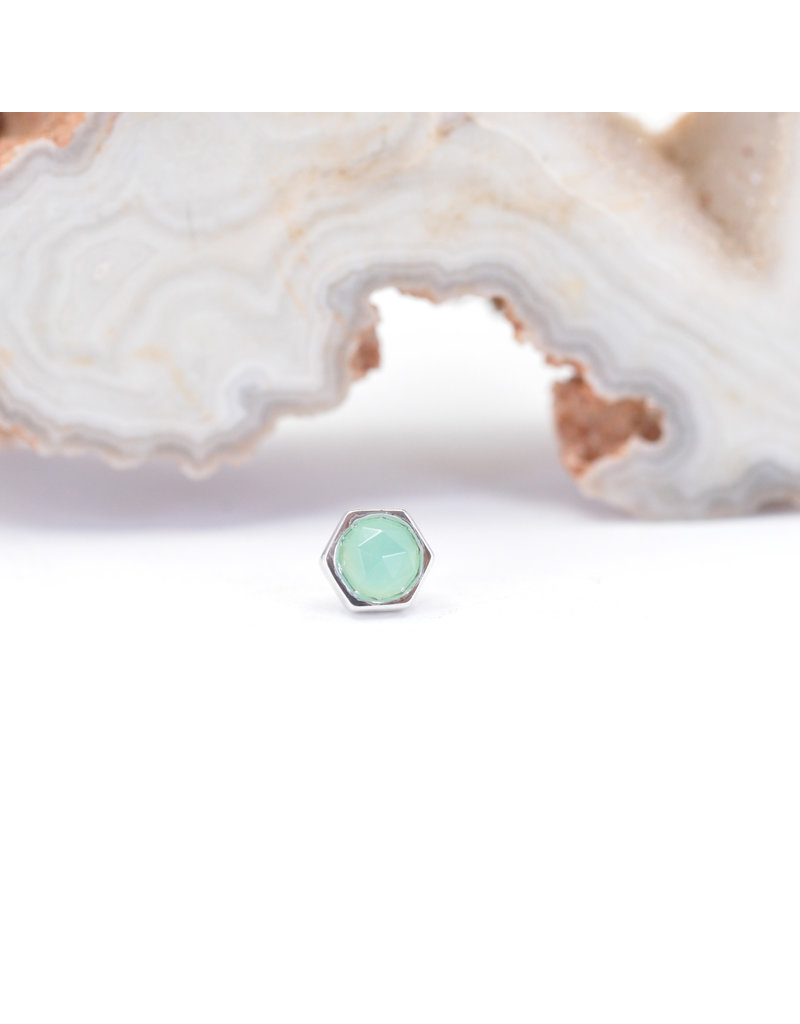 BVLA 4mm Honeycomb with 3mm Rose Cut Chrysoprase in 14k White Gold Threadless Ends