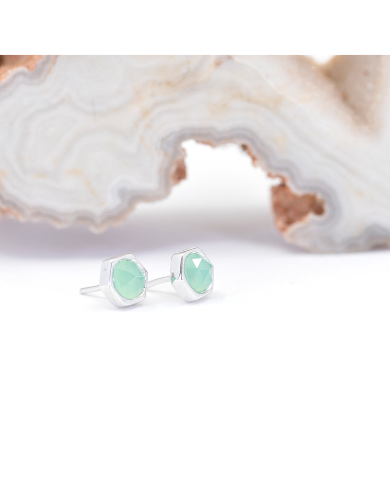 BVLA 4mm Honeycomb with 3mm Rose Cut Chrysoprase in 14k White Gold Threadless Ends