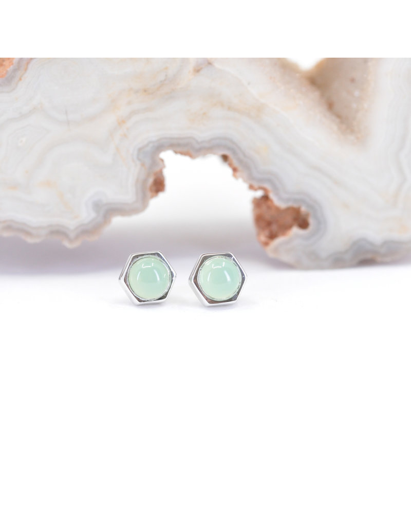 BVLA 4mm Honeycomb with 3mm Chrysoprase Cabochon in 14k White Gold Threadless Ends