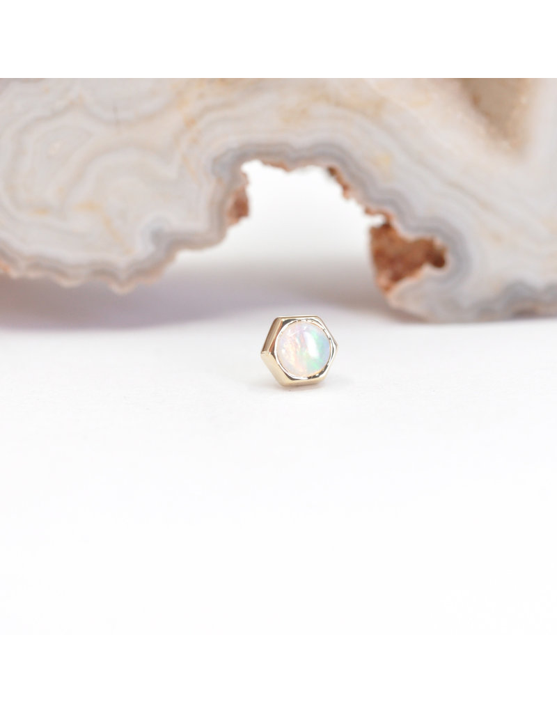 BVLA 4mm Honeycomb with 3mm Grade AA Genuine White Opal Cabochon in 14k Yellow Gold Threadless Ends
