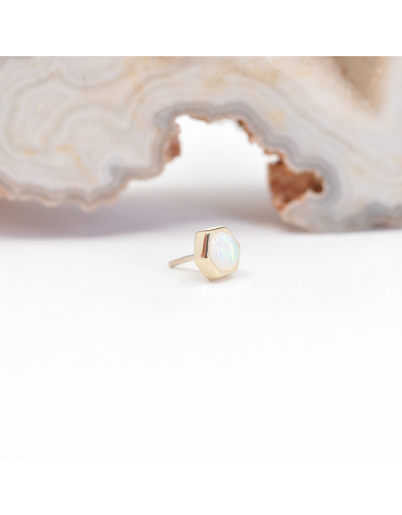BVLA 4mm Honeycomb with 3mm Grade AA Genuine White Opal Cabochon in 14k Yellow Gold Threadless Ends