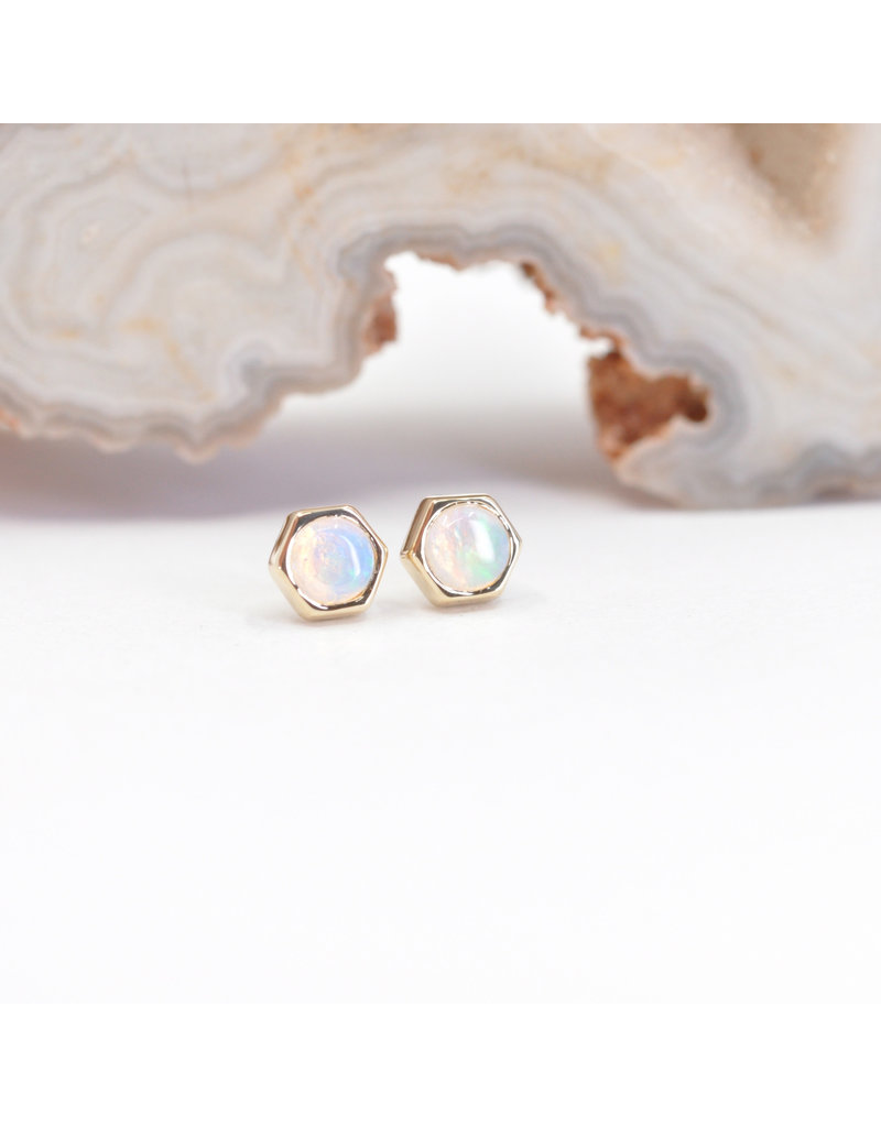 BVLA 4mm Honeycomb with 3mm Grade AA Genuine White Opal Cabochon in 14k Yellow Gold Threadless Ends