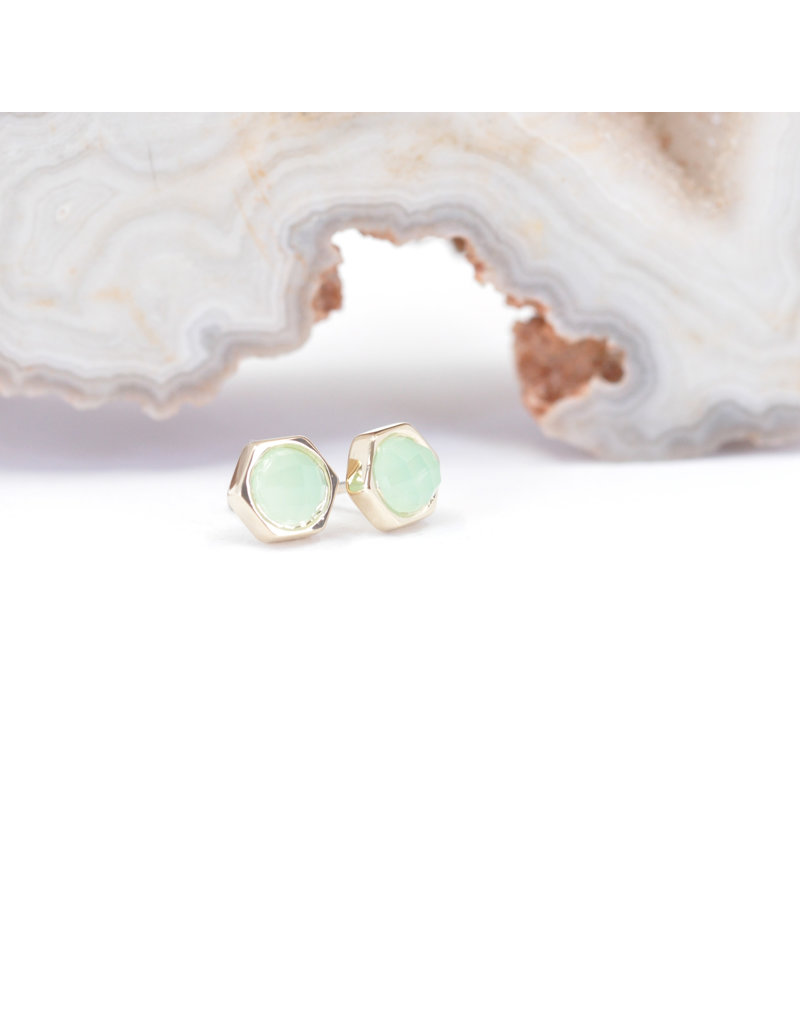 BVLA 4mm Honeycomb with 3mm Rose Cut Chrysoprase in 14k Yellow Gold Threadless Ends