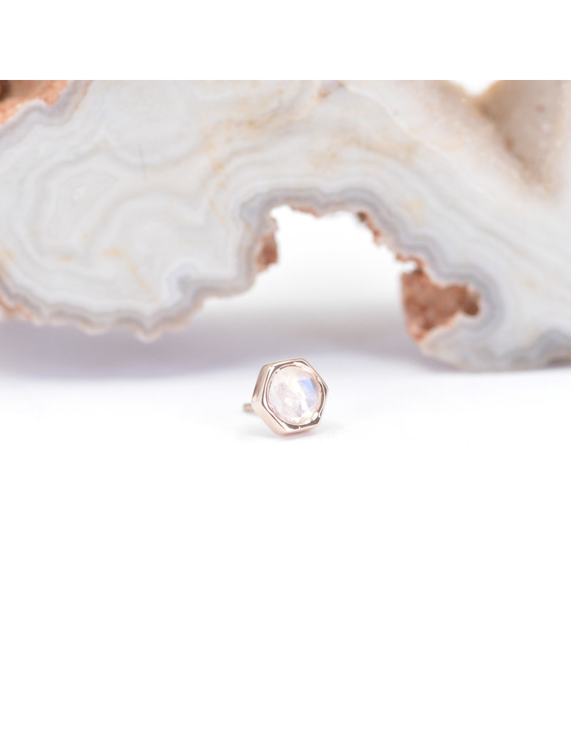 BVLA 4mm Honeycomb with 3mm Rose Cut Rainbow Moonstone in 14k Rose Gold Threadless Ends