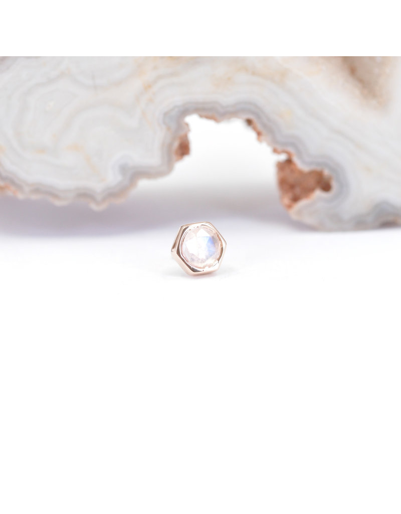 BVLA 4mm Honeycomb with 3mm Rose Cut Rainbow Moonstone in 14k Rose Gold Threadless Ends