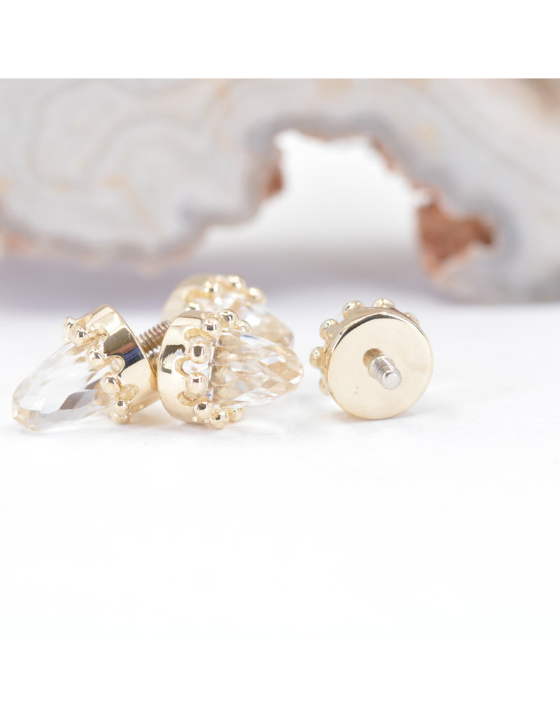 BVLA Crown Prong with Faceted White Quartz in 14k Yellow Gold 12g Threaded Ends by BVLA!