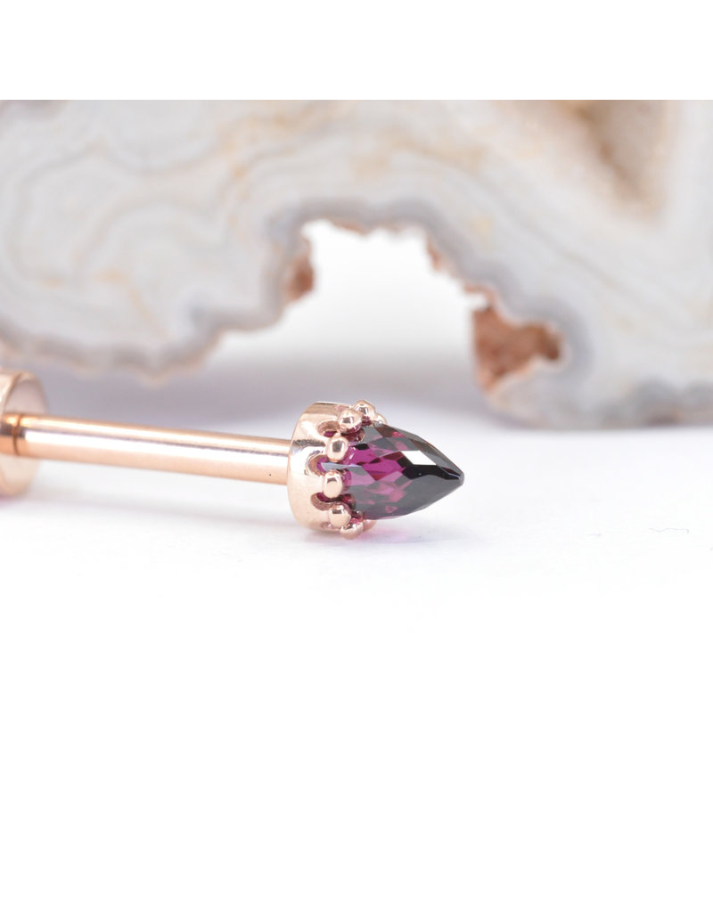 BVLA Crown Prong with Faceted Rhodolite Garnet Bullet in 14k Rose Gold 12g Threaded Ends by BVLA!