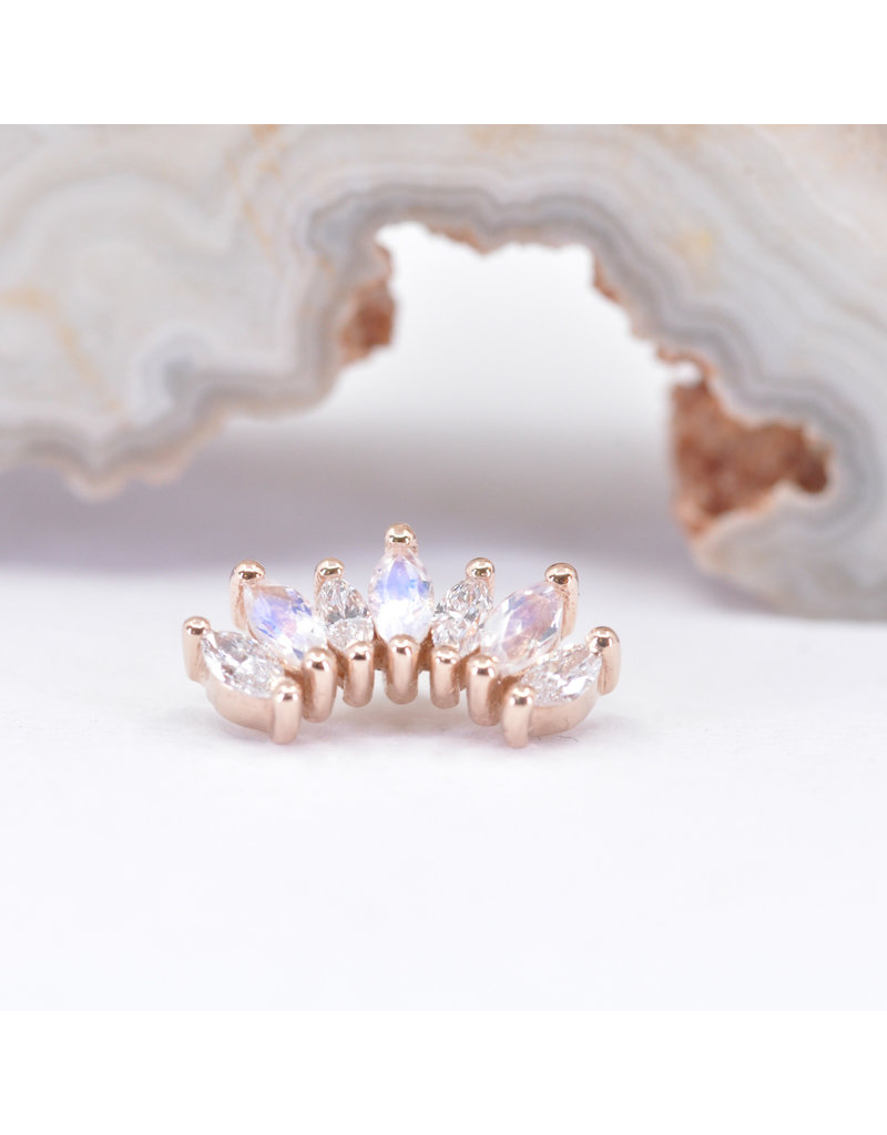 BVLA Tiny Athena with Genuine VS Diamond and Faceted Rainbow Moonstone in 14k Rose Gold 16g Threaded End by BVLA!