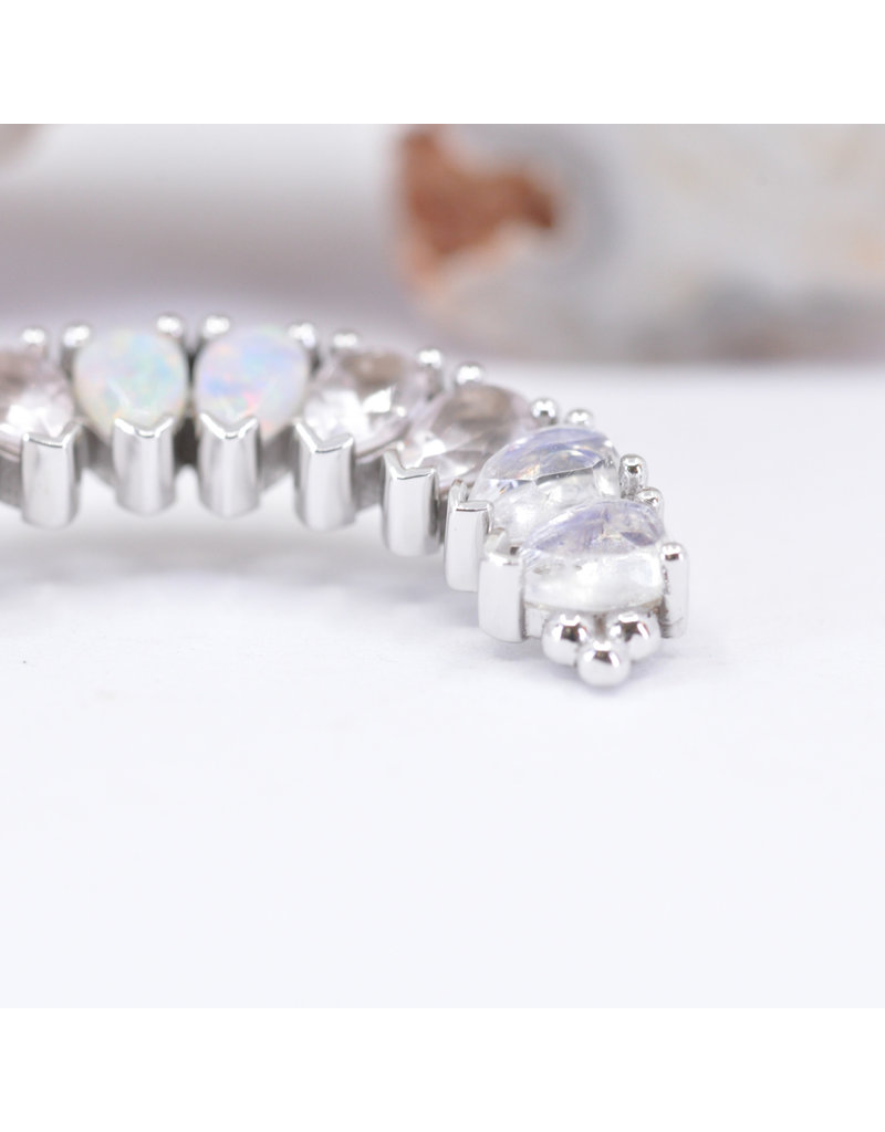 BVLA 10 Gem Pear Panaraya with Rose Cut Rainbow Moonstone, Faceted Rose Quartz, and Grade AAA Genuine White Opal in 14k White Gold 16g Double Threaded End by BVLA!