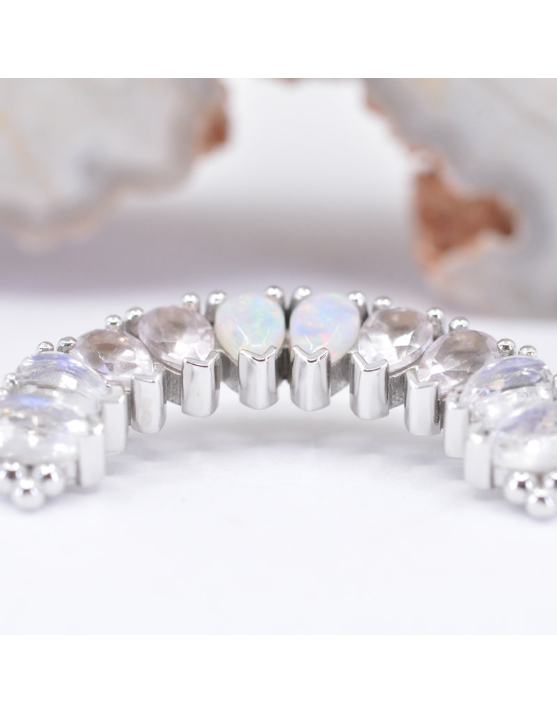 BVLA 10 Gem Pear Panaraya with Rose Cut Rainbow Moonstone, Faceted Rose Quartz, and Grade AAA Genuine White Opal in 14k White Gold 16g Double Threaded End by BVLA!