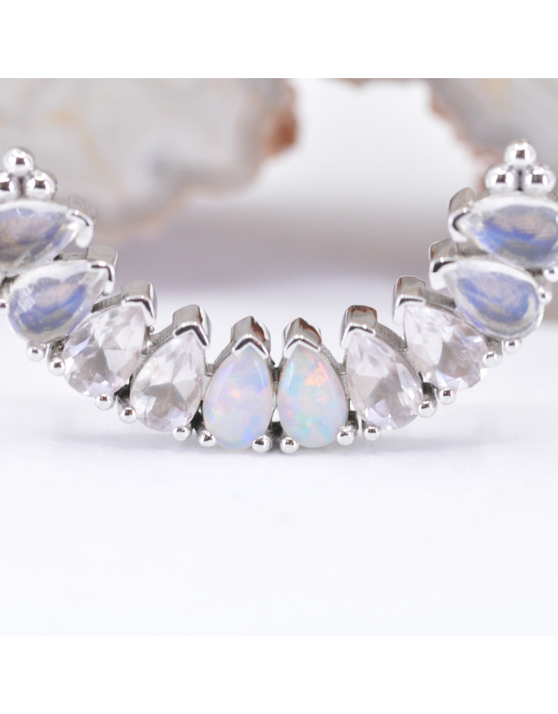 BVLA 10 Gem Pear Panaraya 16g Double Threaded End 14k White Gold Rose Cut Rainbow Moonstone, Faceted Rose Quartz, and White Opal AAA