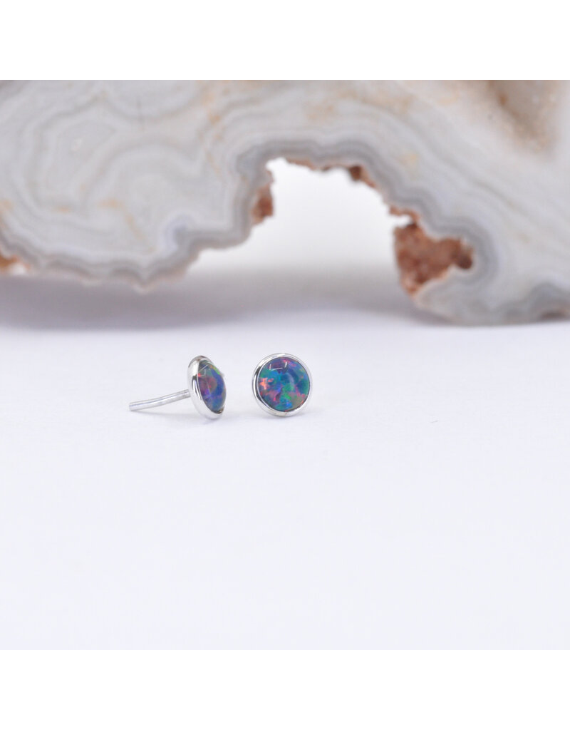 BVLA 3mm Cup Threadless End 14k White Gold Synth Black Multi Opal
