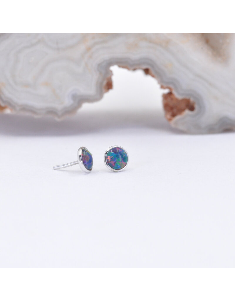 BVLA 3mm Cup with Synthetic Black Opal Cabochon in 14k White Gold Threadless Ends